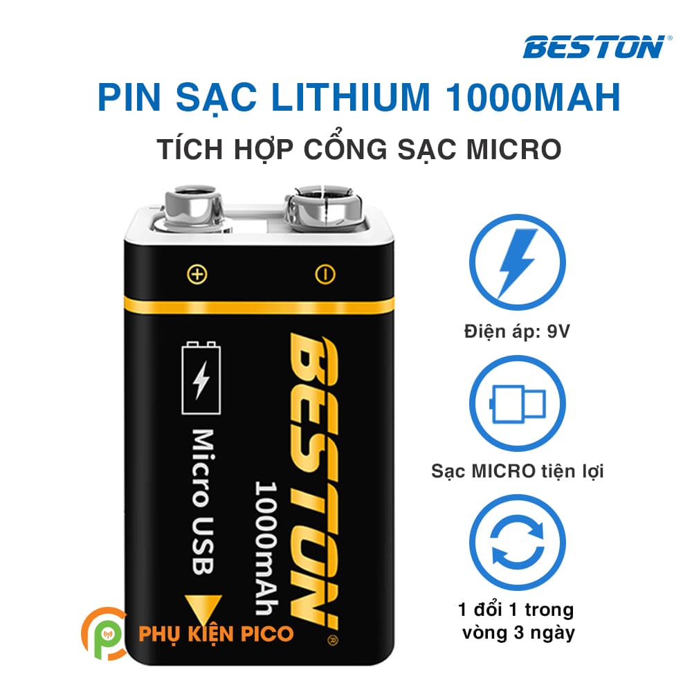 Pin trụ Lithium 1000mAh chính hãng Beston có cổng sạc trực tiếp - Pin Beston