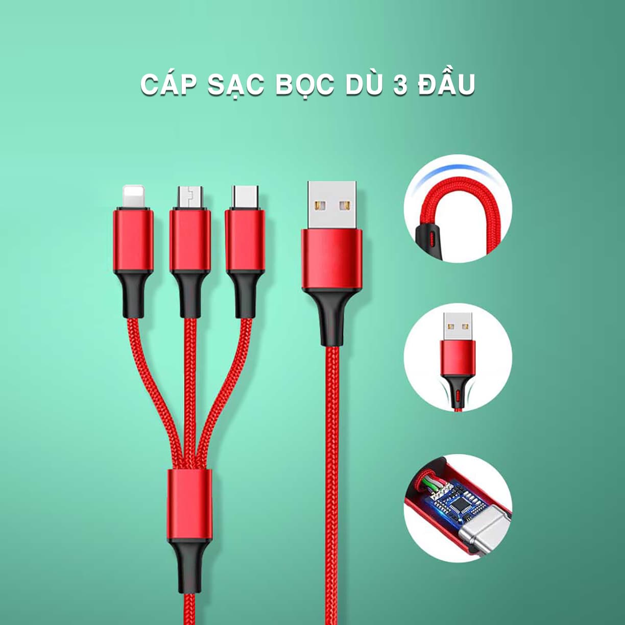 Cáp sạc 3 đầu dây dù Lightning Type C Micro Usb Iphone - Cáp sạc iphone bọc dù