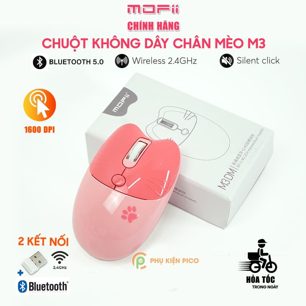 Chuột không dây hồng - Chuột Bluetooth máy tính không dây Wireless dễ thương chân mèo hình thú đối thủ của Logitech