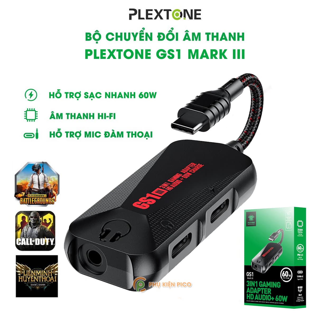 Cáp chia tai nghe và sạc Plextone GS1 type C 3 in 1 Cáp vừa sạc vừa nghe nhạc iPad Pro, Macbook Pro và điện thoại