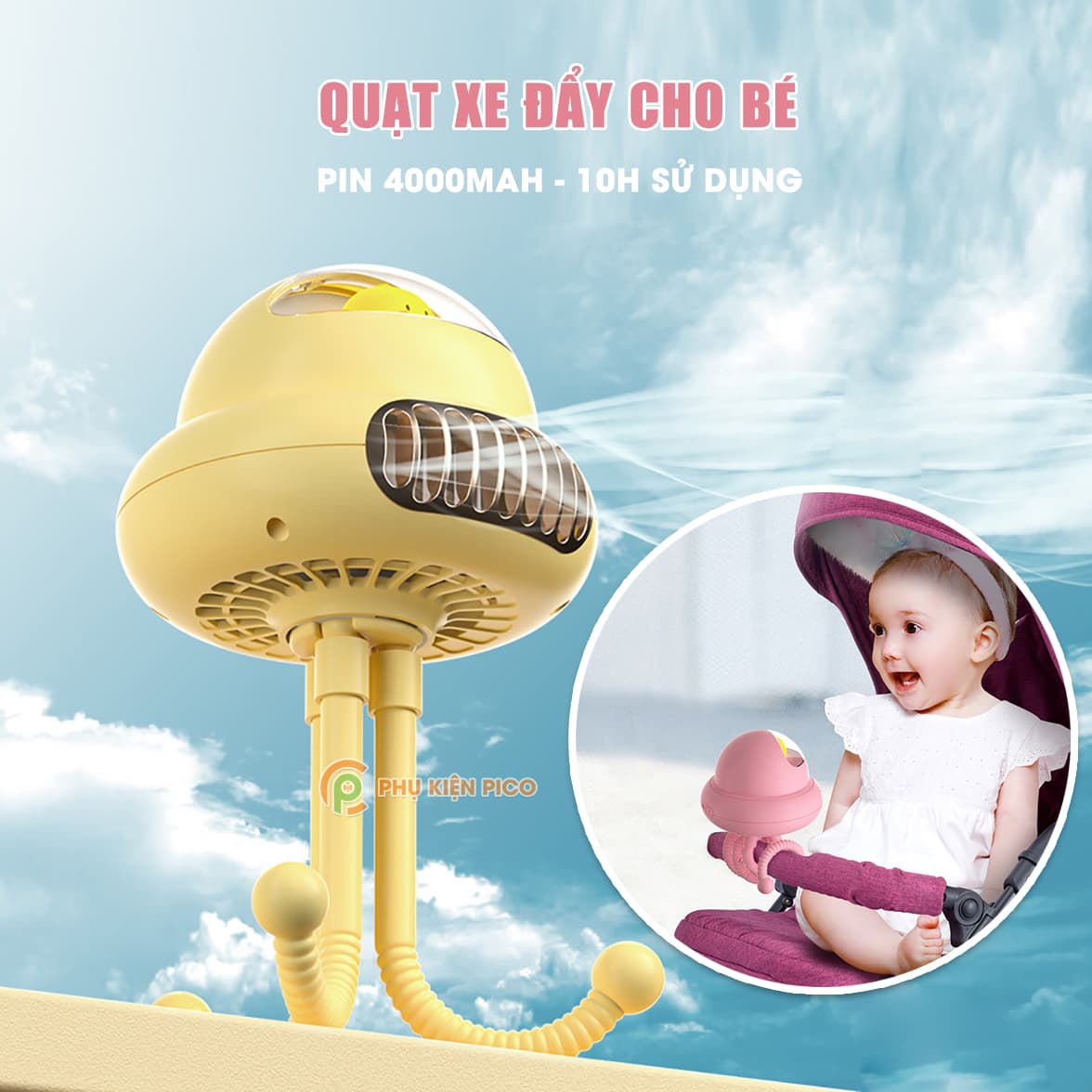 Quạt xe đẩy cho bé - Quạt mini cầm tay bạch tuộc sạc điện không cánh giá rẻ cute