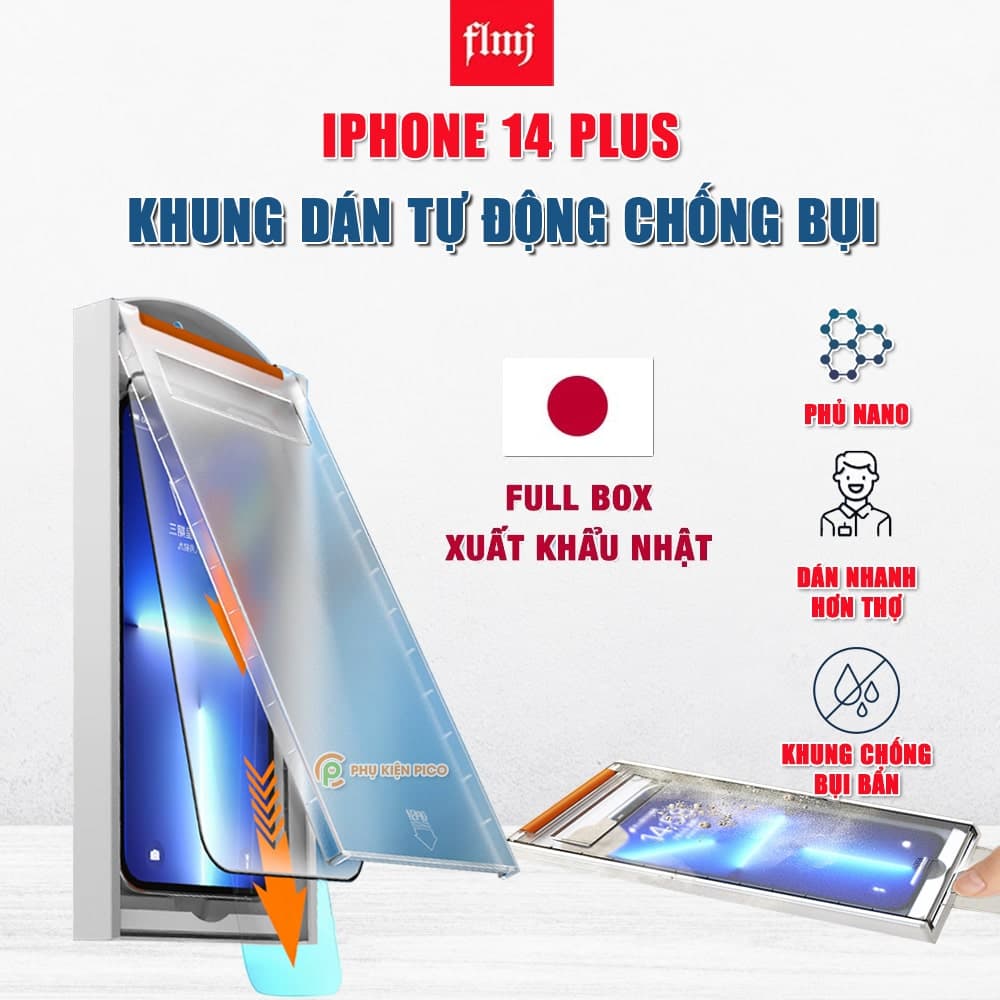 Kính cường lực Iphone 14 Plus có khung chống bụi thế hệ mới chính hãng FLMJ