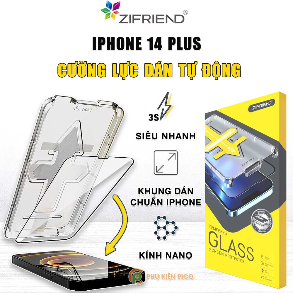 Kính cường lực Iphone 14 Plus chính hãng Zifriend khung dán tự động full màn hình