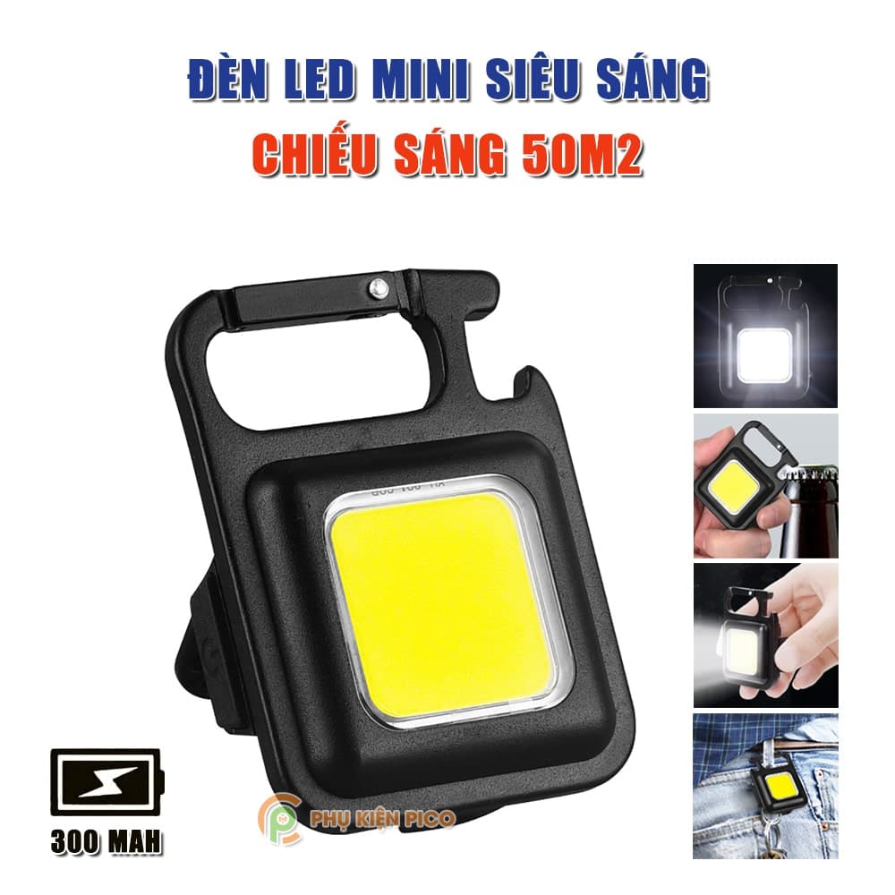 Đèn LED COB Mini siêu sáng 800 Lumens Pin sạc USB - Móc Khóa đèn pin mini led đa năng - Pin 300MAH