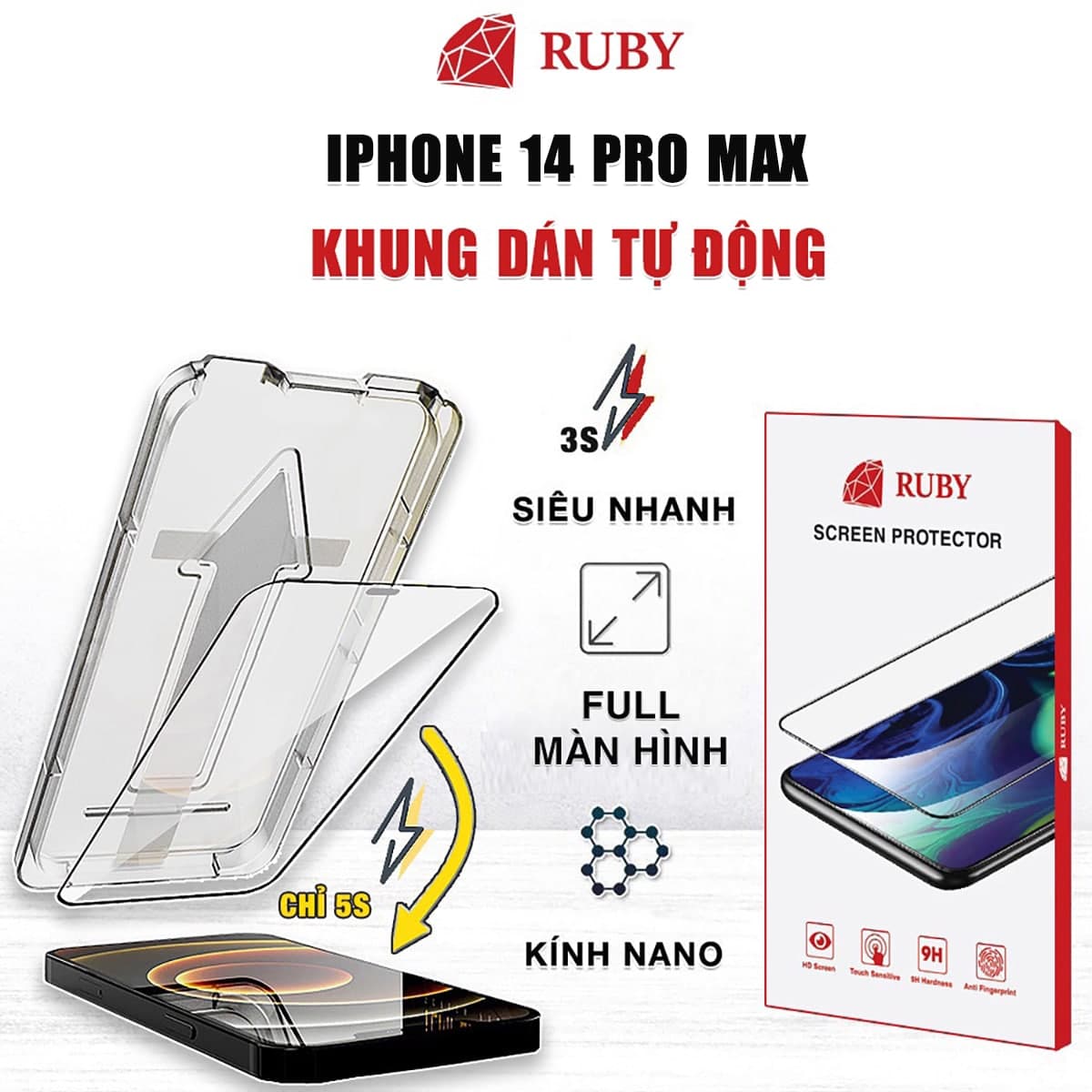 Kính cường lực Iphone 14 Pro Max chính hãng Ruby khung dán tự động