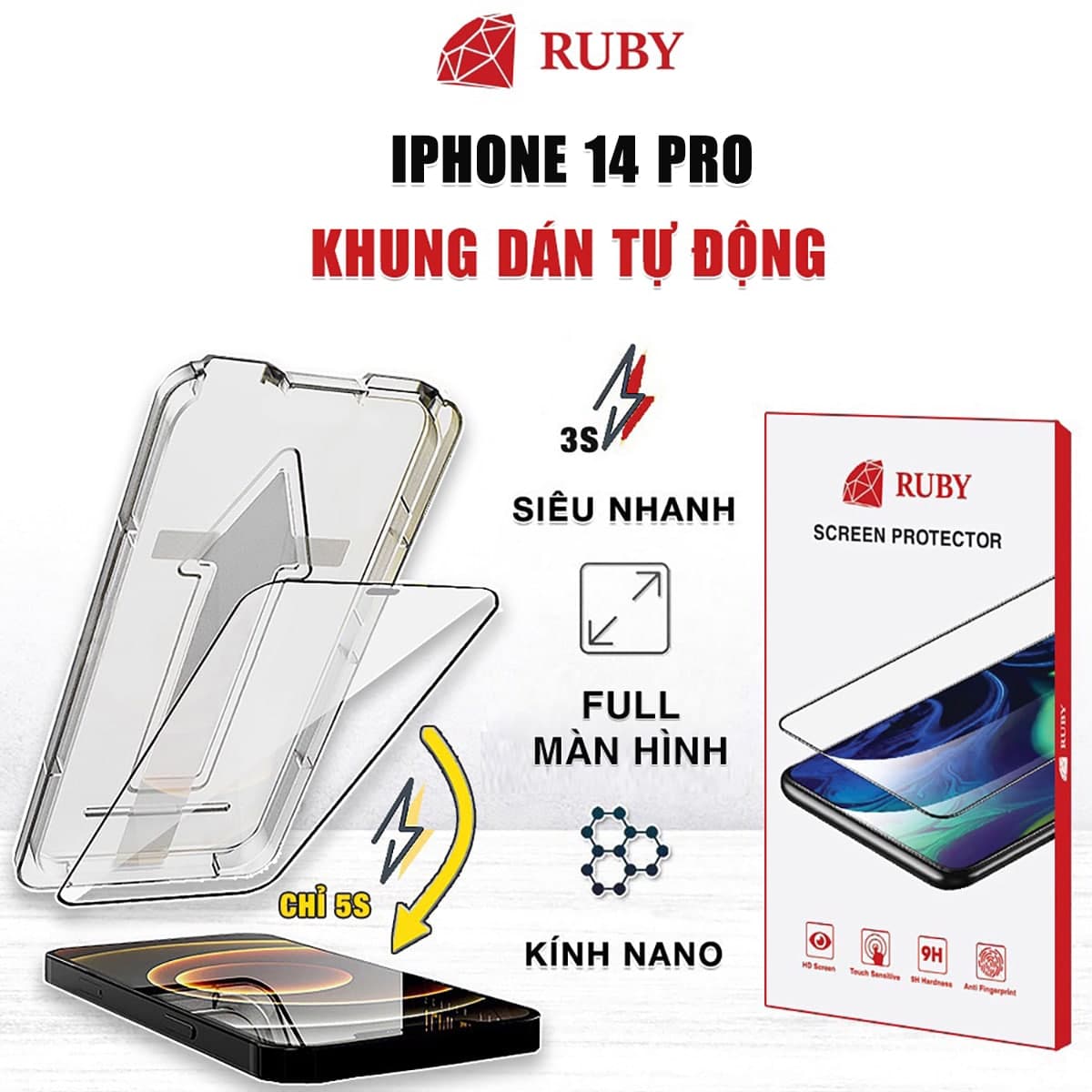 Kính cường lực Iphone 14 Pro chính hãng Ruby khung dán tự động