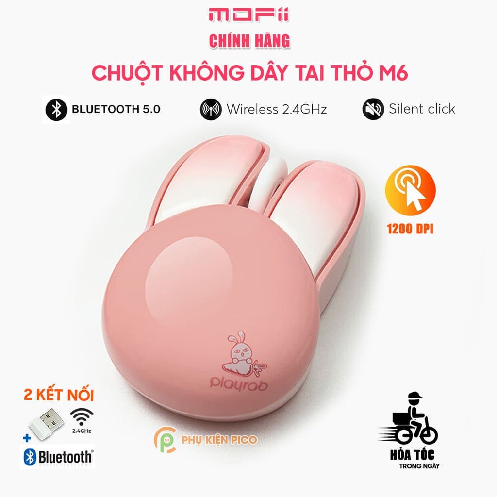 Chuột tai thỏ hồng không dây máy tính hình tai thỏ wireless 2.4G không tiếng ồn Playrab