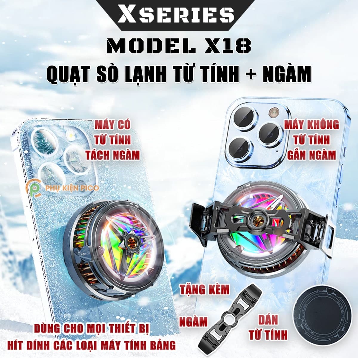 Quạt tản nhiệt điện thoại sò lạnh từ tính X18 có ngàm gắn Livestream Led RGB