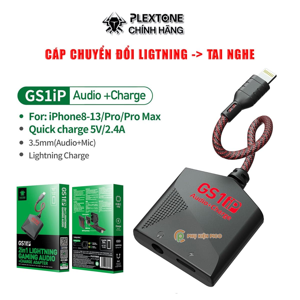 Cáp chuyển đổi tai nghe sang 3.5 Plextone GS1 hỗ trợ iphone và ipad vừa nghe nhạc vừa sạc/ Cáp chuyển đổi tai nghe sang ligtning Plextone GS1 hỗ trợ iPhone và ipad vừa nghe nhạc vừa sạc