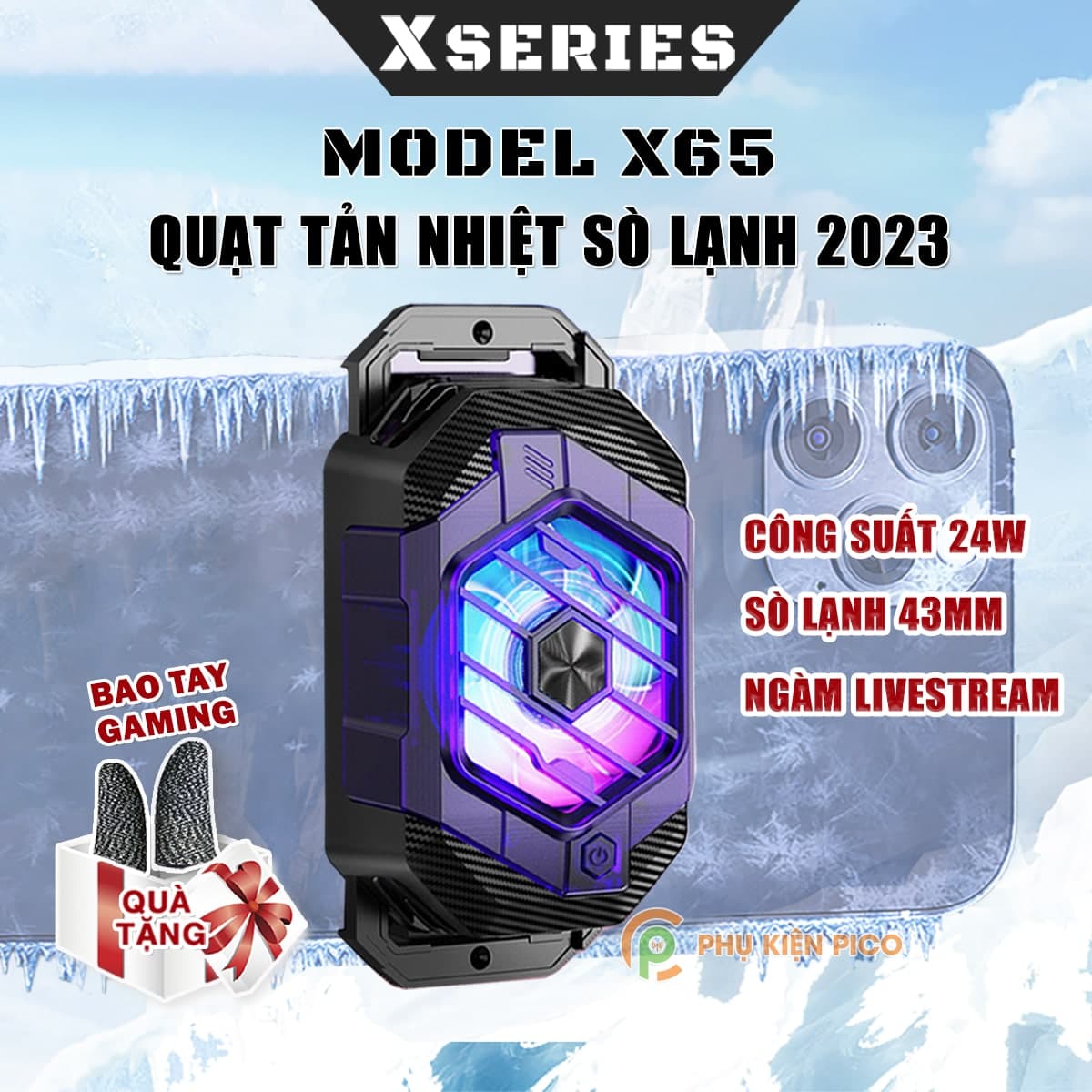 Sò lạnh tản nhiệt điện thoại Ipad X65 quạt công suất 24W 3 chế độ làm lạnh led RGB hỗ trợ Livestream