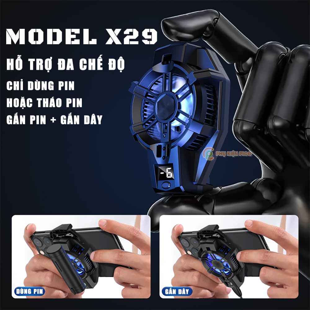 Quạt tản nhiệt điện thoại sò lạnh chạy Pin X29 - Quạt tản nhiệt không dây X29 pin sạc màn hình hiển thị nhiệt độ Led RGB - 4