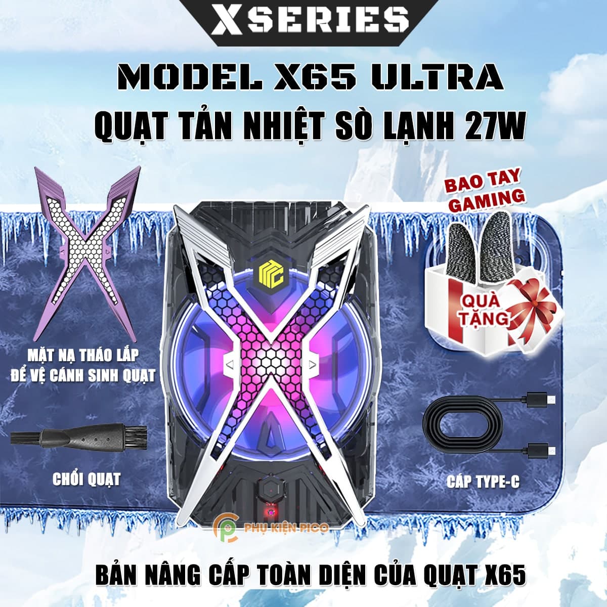 Quạt tản nhiệt điện thoại X65 Ultra siêu tản nhiệt 27W sò lạnh cỡ lớn led RGB bản nâng cấp toàn diện của X65
