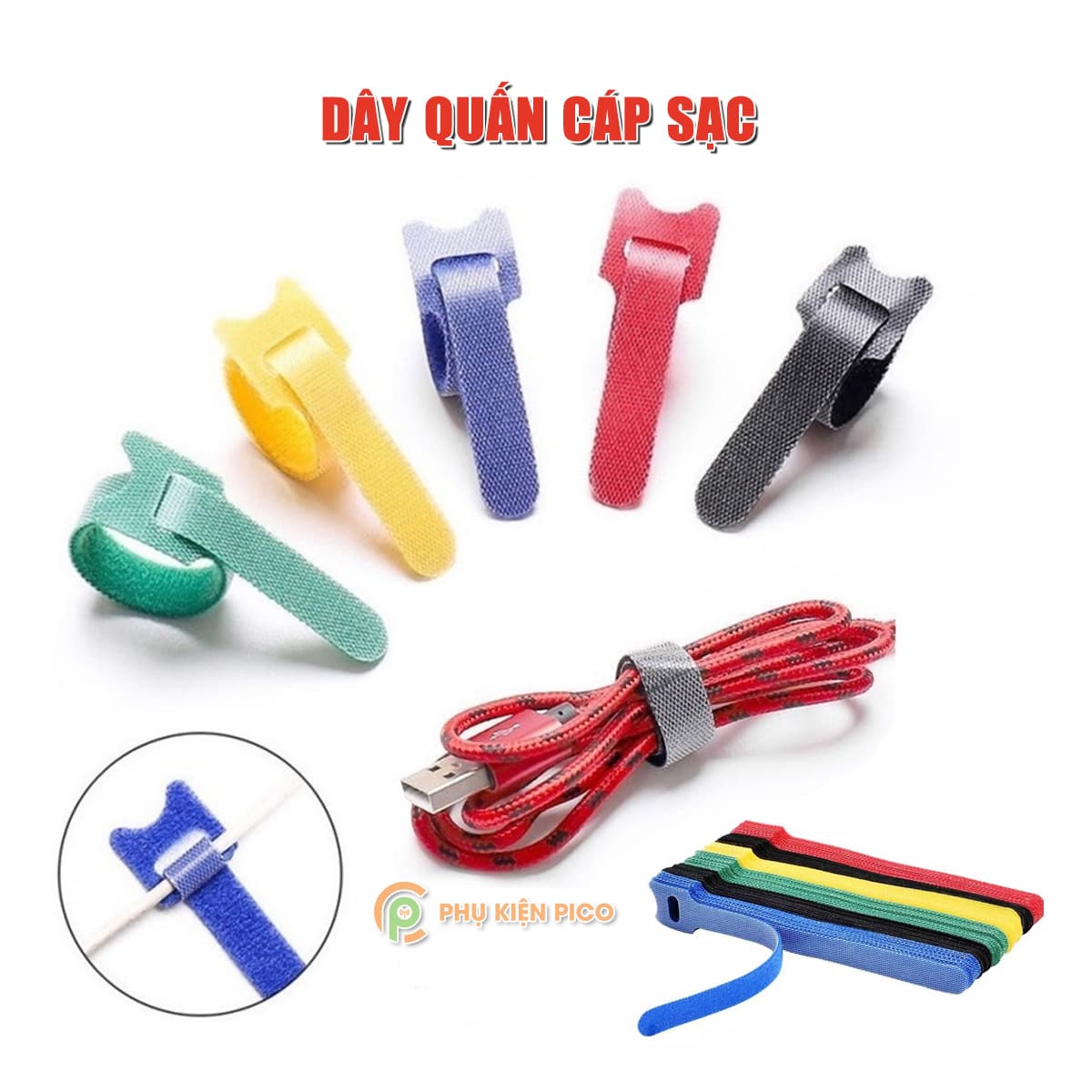 Dây quấn cáp sạc, tai nghe, chuột, bàn phím, cáp tín hiệu, dây điện - Băng gai chống rối tiện dụng nhiều màu dài 12cm