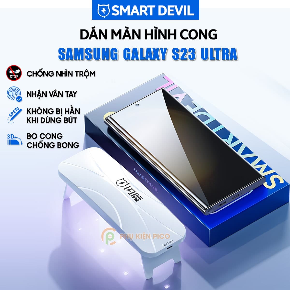 Dán màn hình chống nhìn trộm Samsung S23 Ultra PPF UV Smart Devil full màn hình dẻo - Dán PPF UV Samsung Galaxy S23 Ultra