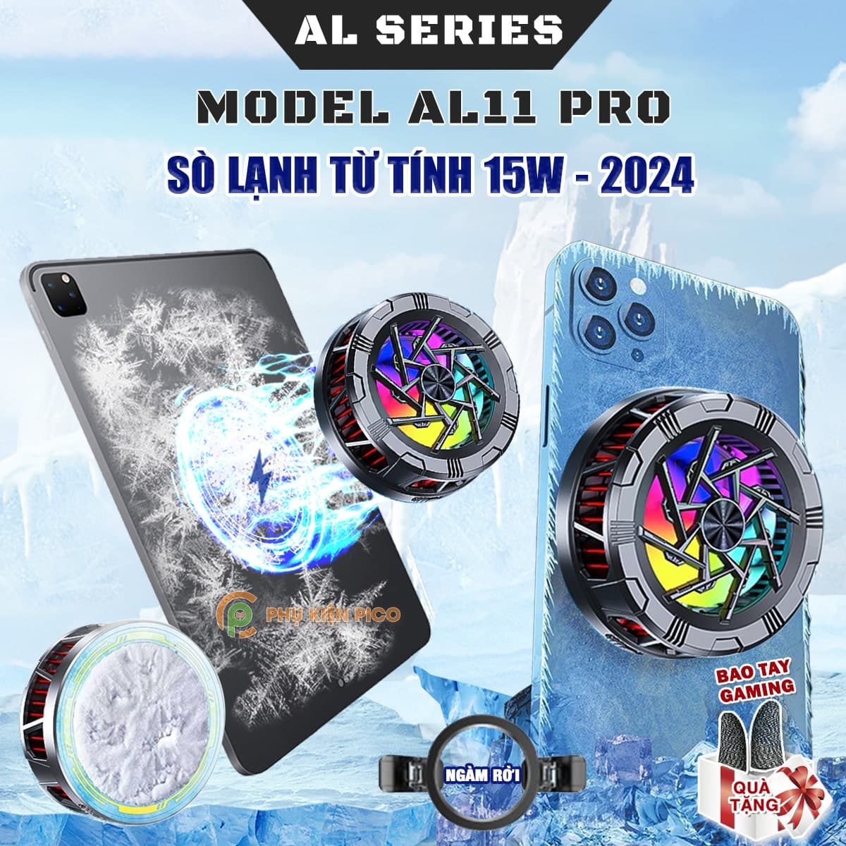 Quạt tản nhiệt điện thoại máy tính bảng AL11 Pro sò lạnh từ tính 15W 2024 led RGB làm lạnh đóng băng