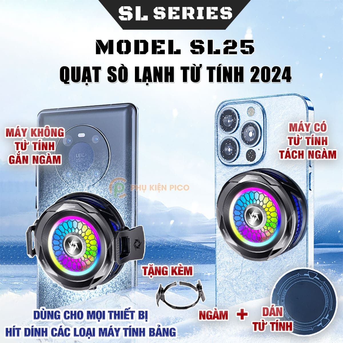 Quạt tản nhiệt điện thoại sò lạnh từ tính SL25 làm lạnh đóng băng 15W led RGB