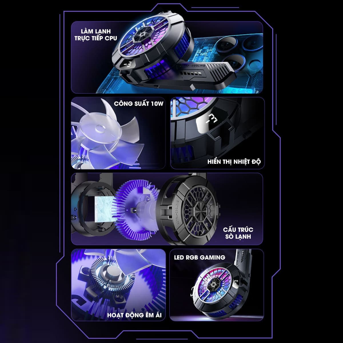 Quạt sò lạnh tản nhiệt điện thoại máy tính bảng SL33 sò lạnh từ tính 2024 led RGB hiển thị nhiệt độ - 3