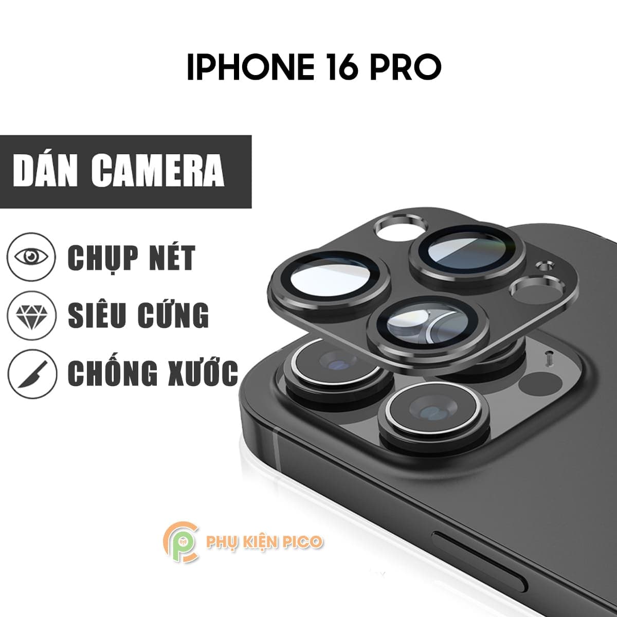 Dán camera Iphone 16 Pro khung nhôm kèm kính cường lực chống trầy xước va đập bảo vệ camera