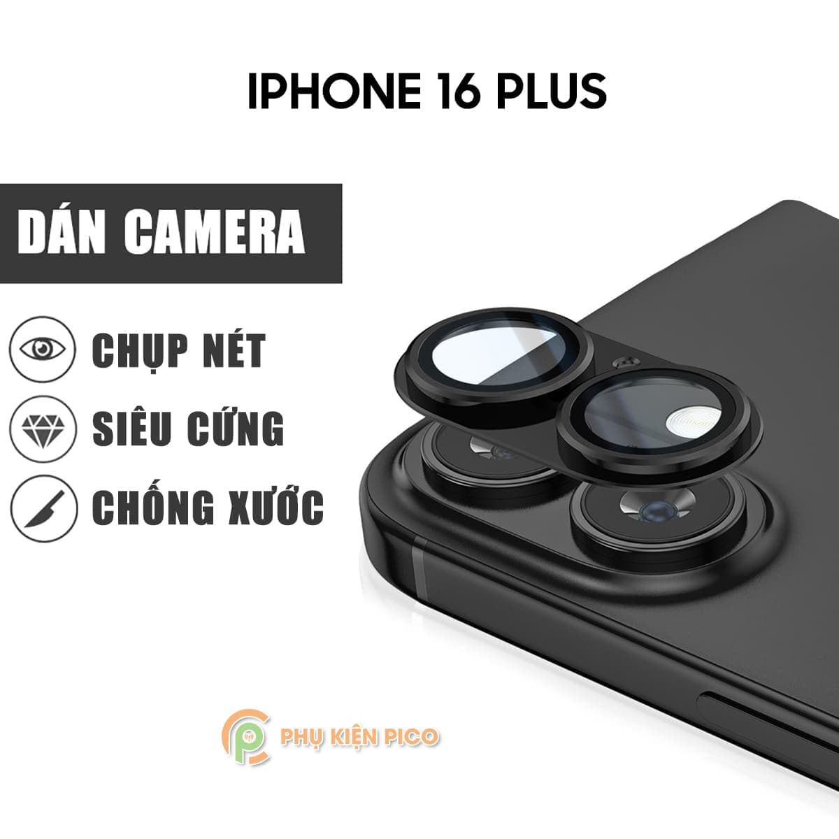 Dán camera Iphone 16 Plus khung nhôm kèm kính cường lực chống trầy xước va đập bảo vệ camera