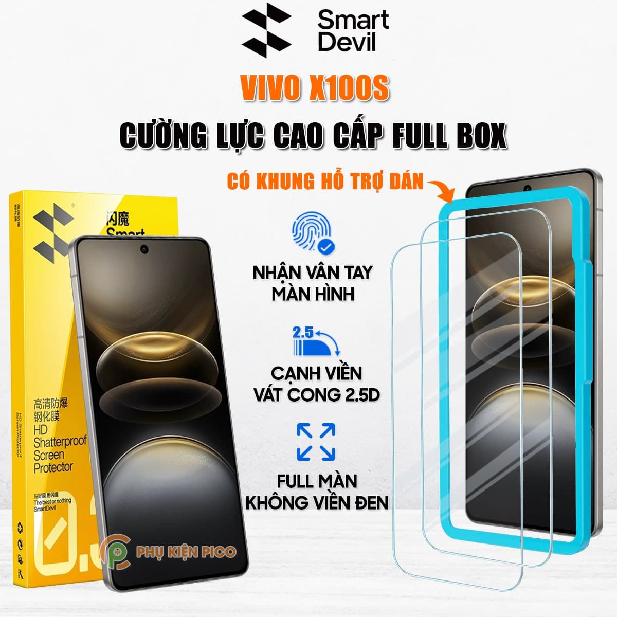 Kính cường lực Vivo X100S trong suốt full màn hình chính hãng Smart Devil