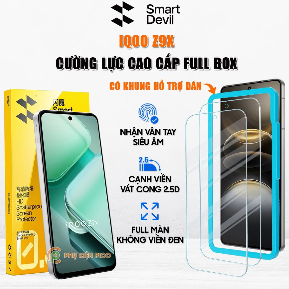 Kính cường lực iQOO Z9X trong suốt full màn hình chính hãng Smart Devil