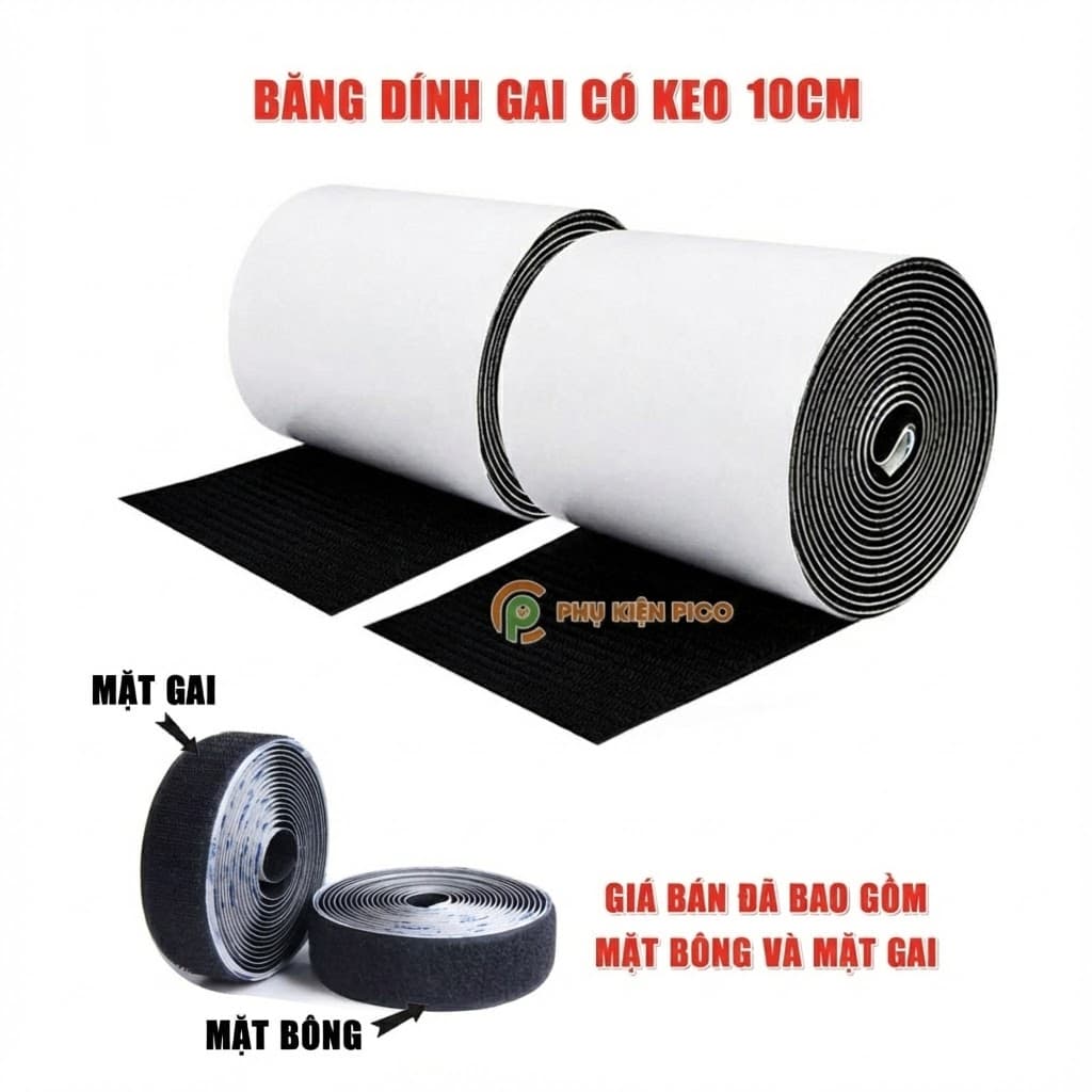 Băng gai dính 2 mặt có keo sẵn siêu dính bản 10cm, nhám dính, khoá nhám Velcro miếng dán vải 2 mặt dán giày, túi xách, quần áo