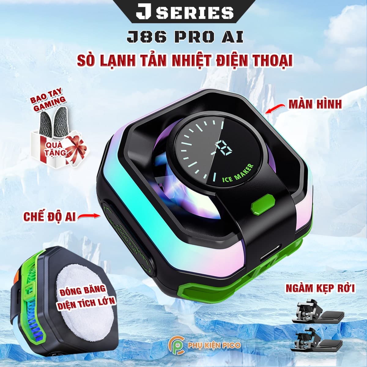 Quạt tản nhiệt điện thoại J86 Pro JS86 HK5 Pro AI Led RGB Rainbow Gaming sò lạnh từ tính thế hệ mới đóng băng full mặt