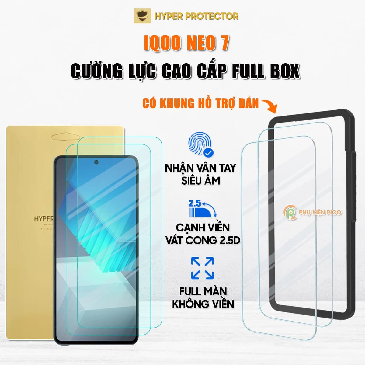 Kính cường lực Vivo iQOO Neo 7 trong suốt full màn hình không viền nhận vân tay siêu âm chính hãng HYPER+