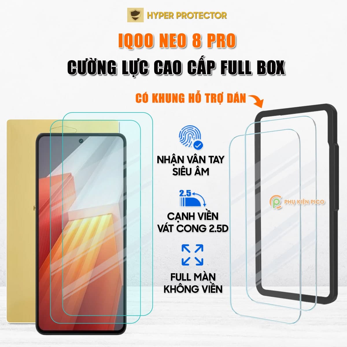Kính cường lực Vivo iQOO Neo 8 Pro trong suốt full màn hình không viền nhận vân tay siêu âm chính hãng HYPER+