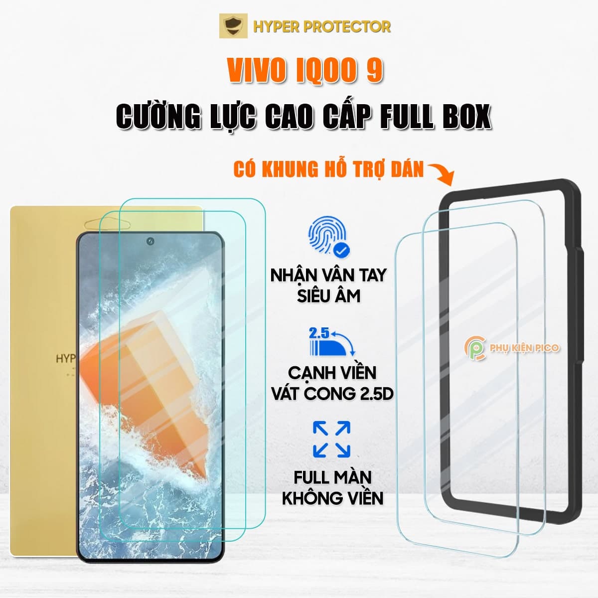Kính cường lực Vivo iQOO 9 trong suốt full màn hình không viền nhận vân tay siêu âm chính hãng HYPER+