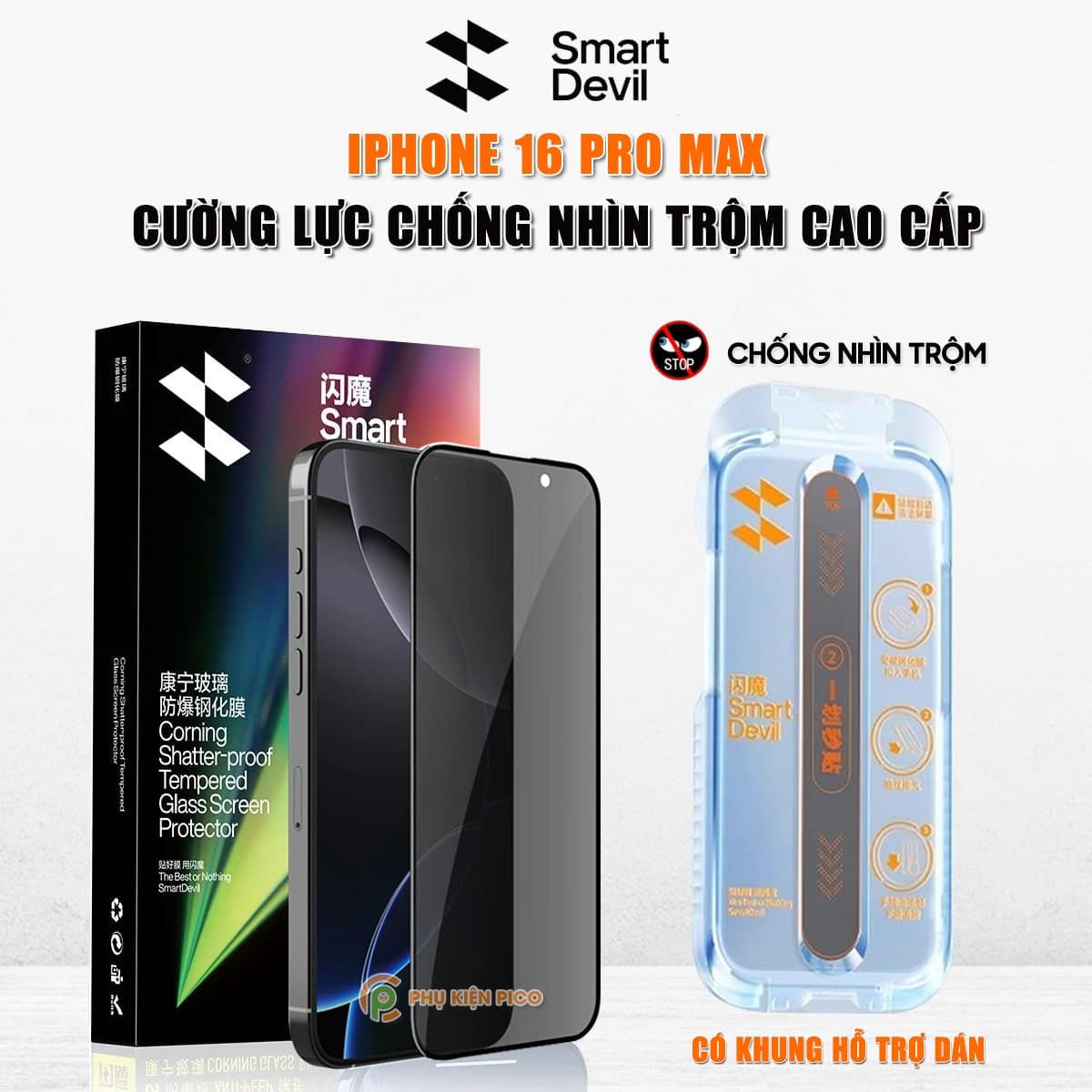 Kính cường lực chống nhìn trộm Iphone 16 Pro Max full màn hình khung tự dán chính hãng Smart Devil