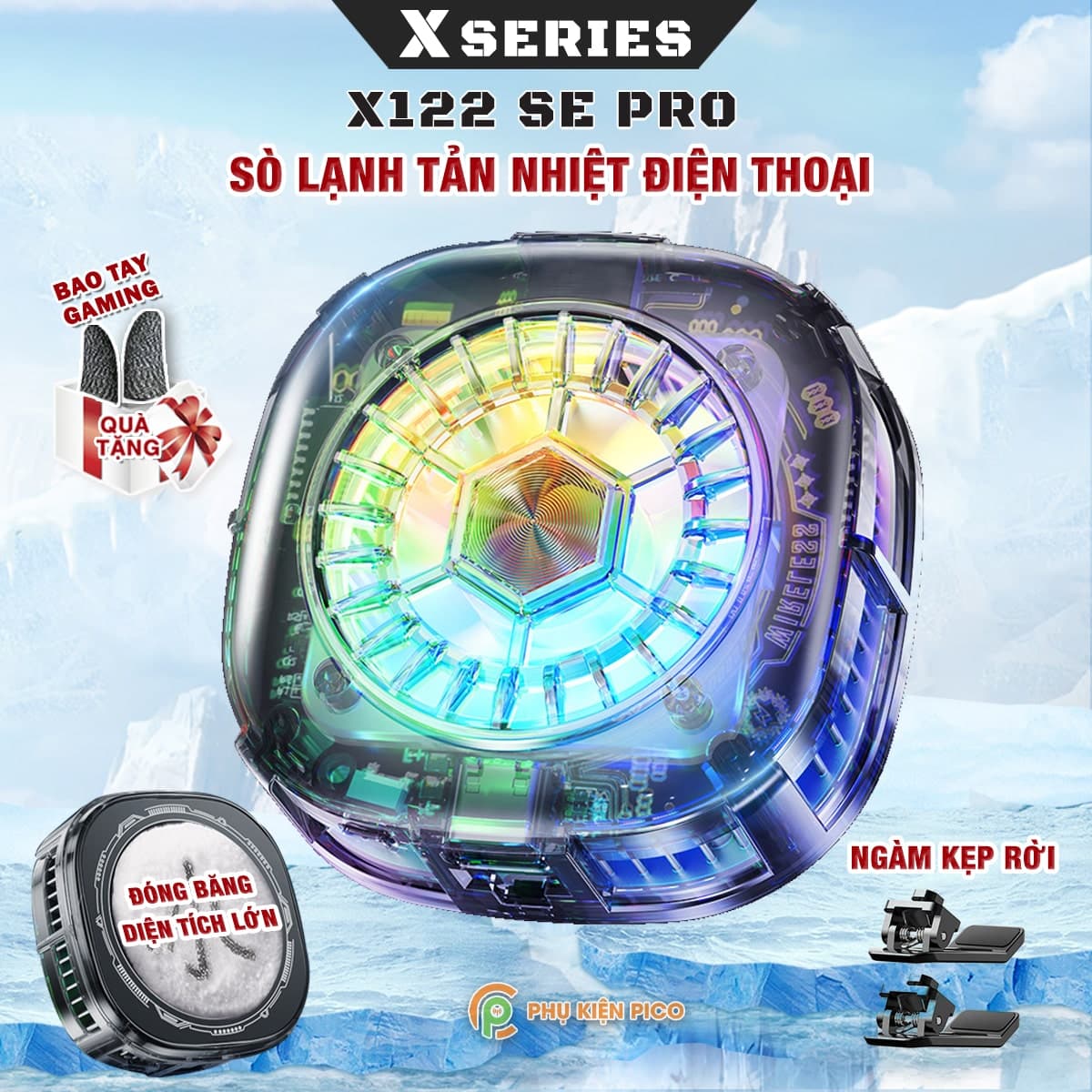 Quạt tản nhiệt điện thoại sò lạnh từ tính có ngàm kẹp rời X122 SE Pro đóng băng full mặt vỏ trong suốt đèn Led RGB