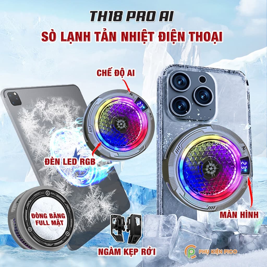 Quạt tản nhiệt điện thoại sò lạnh cao cấp TH18 Pro AI 24W kiểm soát nhiệt thông minh AI Led RGB làm lạnh không tụt FPS khi chơi game PUBG