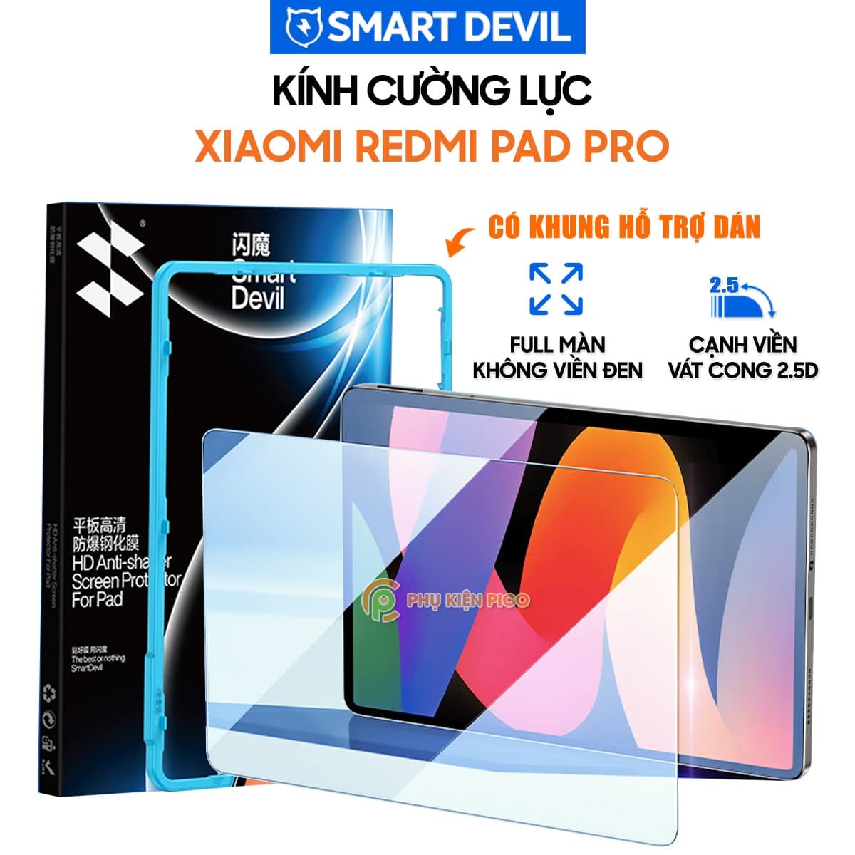 Kính cường lực Xiaomi Redmi Pad Pro 2024 full màn hình Smart Devil có khung hỗ trợ dán