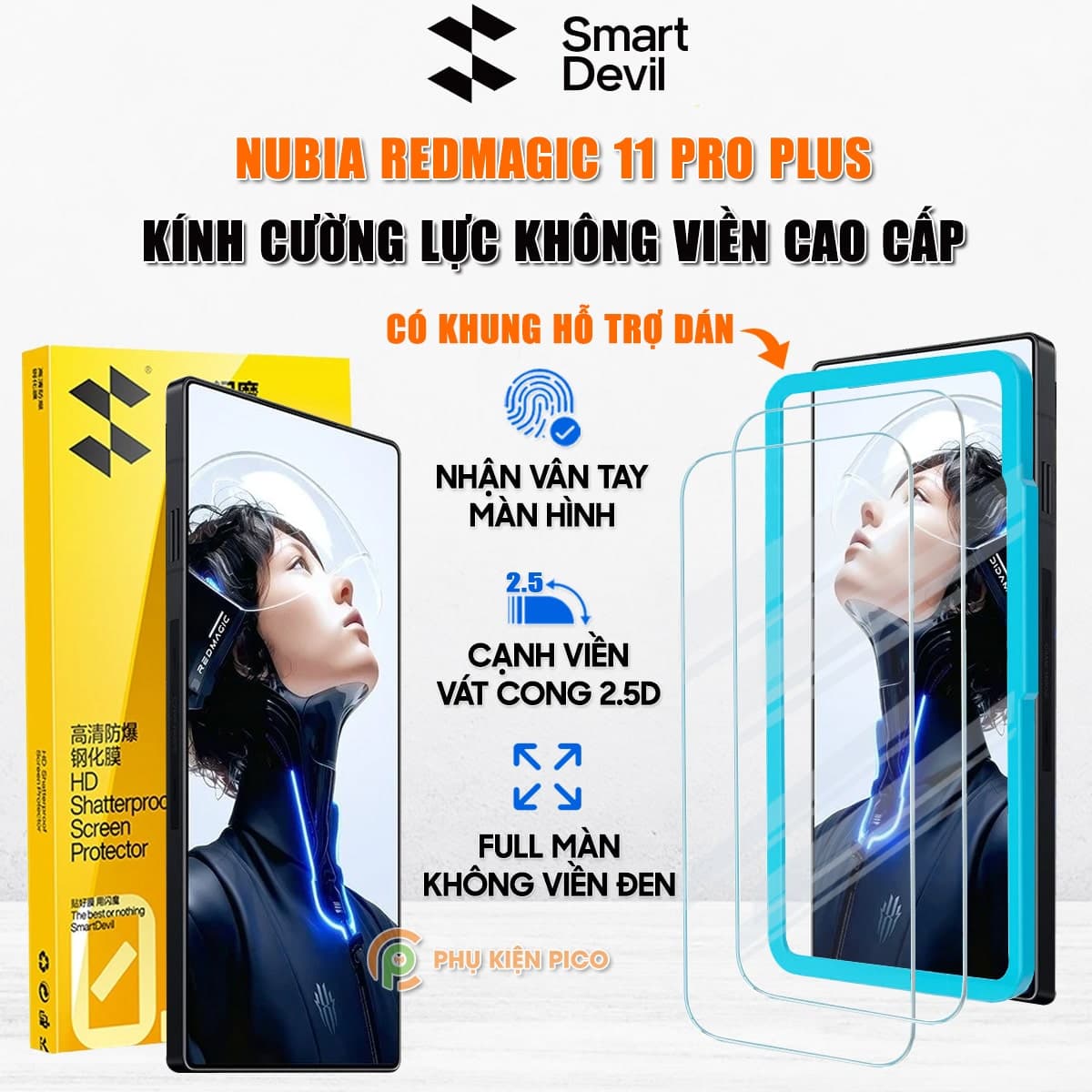 Kính cường lực Nubia RedMagic 11 Pro Plus trong suốt full màn hãng Smart Devil có khung hỗ trợ dán