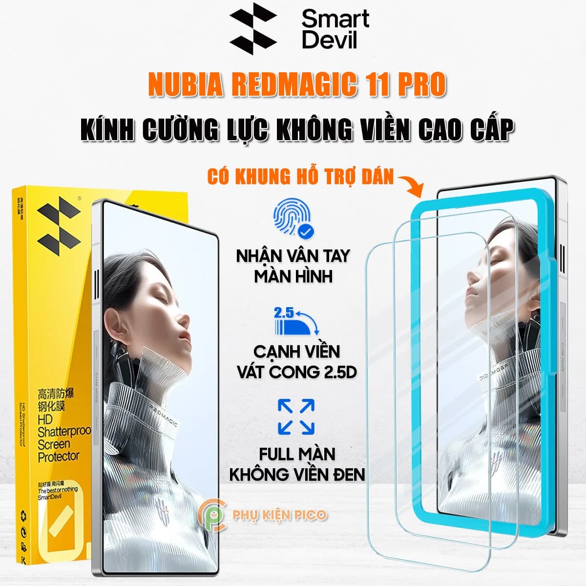 Kính cường lực Nubia RedMagic 11 Pro trong suốt full màn hãng Smart Devil có khung hỗ trợ dán